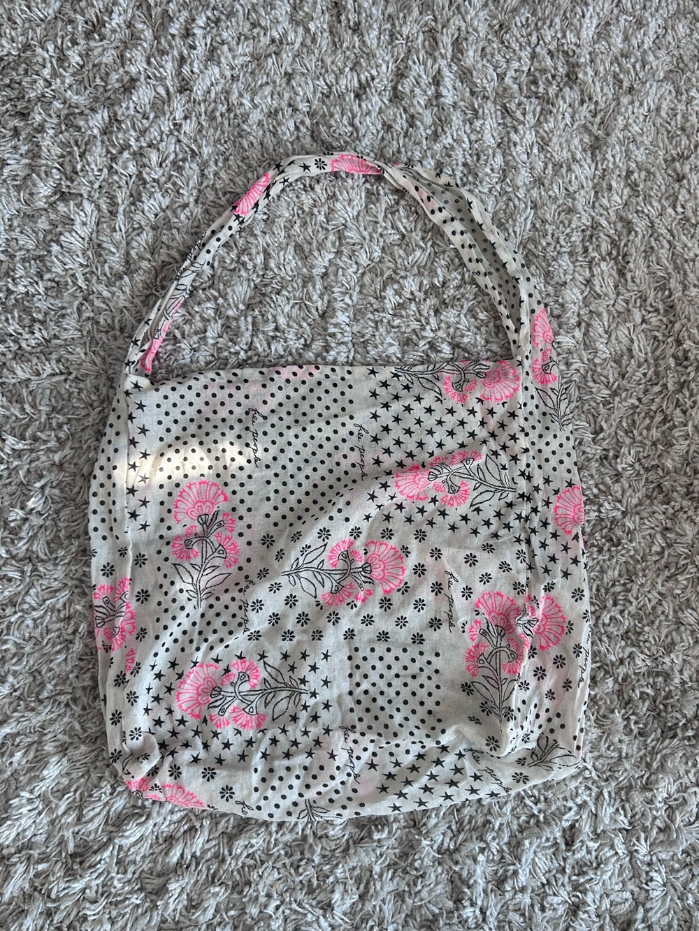 Free People Cream Tote with Pink Floral and Black Star Dot Print